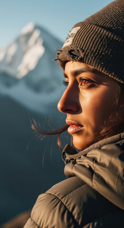 Close up portrait of a beautiful female hiker looking at a snow-capped mountain peak during a golden sunrise, feeling inspired and free.の素材