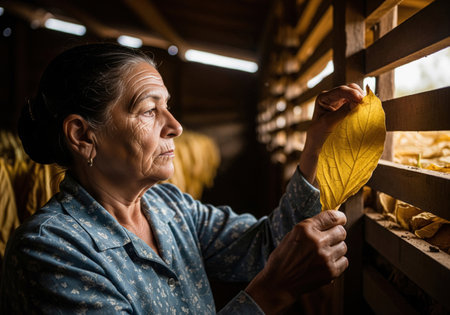 An elderly female farmer is inspecting the quality of a dried tobacco leaf. She is in a traditional curing barn, checking the harvest.の素材