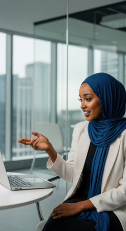 Smiling muslim businesswoman in hijab using laptop for video conference call, gesturing during online meeting in modern city office.の素材