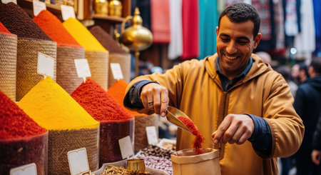 Happy moroccan vendor in a djellaba selling spices like saffron at a traditional market. This friendly man is working at his souk stall.の素材