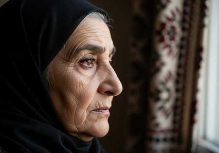 Close up portrait of a sad and retired elderly woman in a black hijab looking out a window. She is feeling lonely and nostalgic.の素材