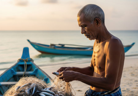 Elderly fisherman taking fresh fish out of his fishing net on a tropical beach at sunset. He is working with his daily catch.の素材