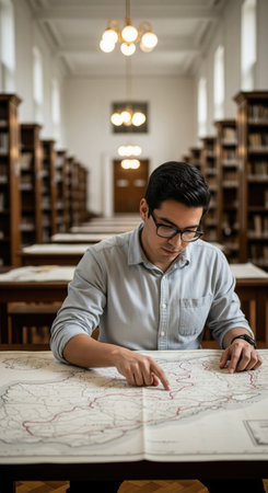 Male student or historian wearing glasses and studying an old map in a classic library. A concept of research, knowledge, and history.の素材