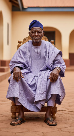 Portrait of a wise senior African man in traditional clothing sitting on a carved wooden chair, representing cultural heritage and wisdom.の素材