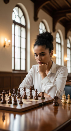 Intelligent young woman concentrating on a chess game. A portrait of a smart player thinking about strategy and her next move.の素材
