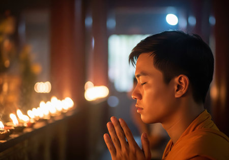 Young buddhist monk in orange robes praying with his eyes closed in a candlelit temple. He is in a state of peaceful meditation.の素材