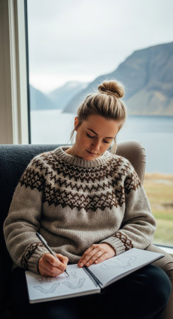 A young woman in a cozy icelandic sweater is sketching in her notebook. She is sitting by a window with a beautiful fjord and mountain view.の素材