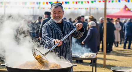 Smiling asian man cooking traditional pilaf plov in a big cauldron, stirring the rice and meat during a vibrant outdoor festival event.の素材