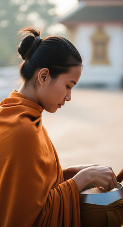 Young buddhist nun in orange robes holding a bowl of rice at a temple. A serene and spiritual portrait of faith and tradition in Asia.の素材