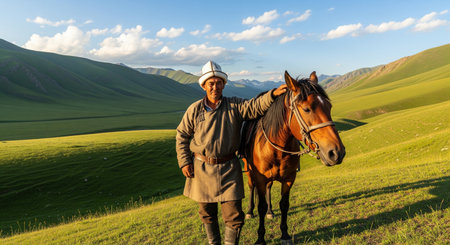 An Asian nomad man in traditional clothing is standing with his horse in a beautiful green mountain valley during a golden hour sunset.の素材