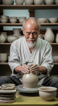 Elderly asian potter with a white beard making a clay vase on a pottery wheel in his workshop. He is a master craftsman creating art.の素材