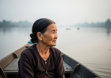 A portrait of a serene senior Asian woman sitting in a wooden boat. She is peacefully contemplating the misty and tranquil river scene.の素材