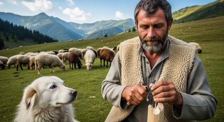 Shepherd carving wood figure sits with loyal dog watching sheep flock graze peacefully in green mountain pasture during summer day.の素材