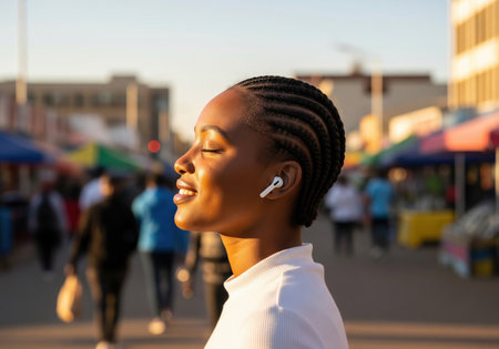 Happy young African woman with her eyes closed, listening to music on wireless earbuds at a busy city market during a beautiful sunset.の素材