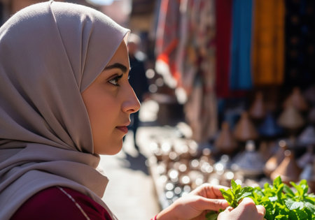 Young Muslim woman in hijab choosing fresh mint leaves carefully at a vibrant traditional outdoor market stall full of local goods.の素材