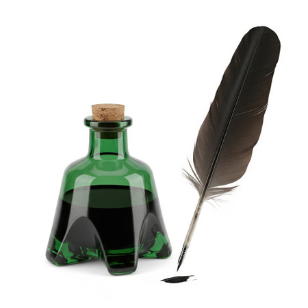Vintage green glass inkwell with a cork lid and a black feather quill pen isolated on white. This is an antique writing instrument.の素材