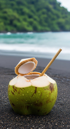 Fresh green coconut drink with a bamboo straw on a black sand beach. This healthy and refreshing beverage is perfect for a summer vacation.の素材
