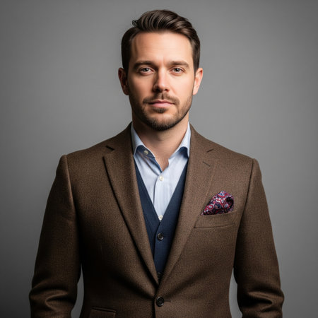 Portrait of handsome confident businessman wearing stylish brown jacket, blue waistcoat, and pocket square, looking seriously at camera.の素材