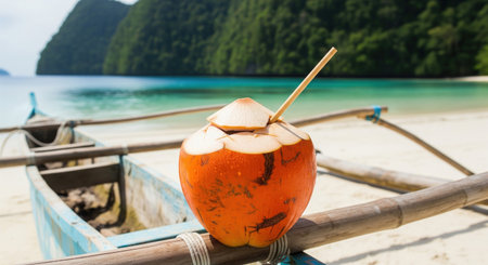 A fresh coconut drink with a straw on a traditional outrigger boat, with a beautiful tropical beach and turquoise water in the background.の素材