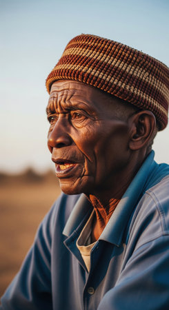 Close up outdoor portrait of a wise and thoughtful elderly African man wearing a traditional hat, with the warm light of sunset on his face.の素材