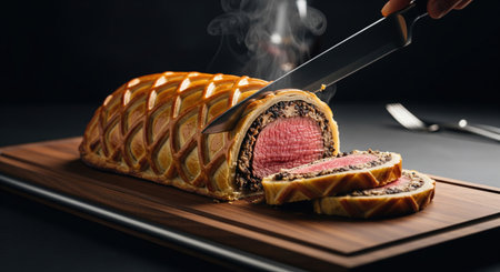Slicing a classic homemade beef Wellington with a knife. This hot and delicious gourmet meal is served on a wooden cutting board.の素材