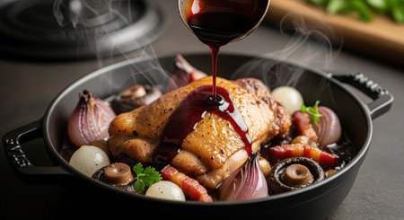 Traditional French coq au vin chicken stew with mushrooms onions and bacon being poured with red wine sauce. A classic gourmet dish.の素材