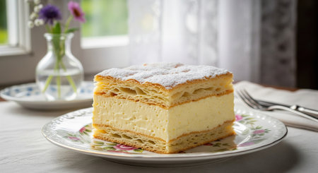 Kremowka a traditional polish cream pie, also known as napoleonka, with custard and puff pastry, dusted with powdered sugar.の素材