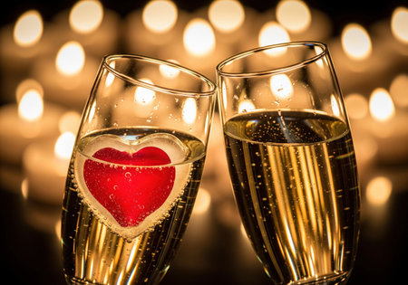 Two champagne glasses with a red heart for a romantic Valentine's day celebration. A beautiful candle light background creates a cozy mood.の素材