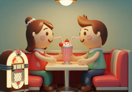 Cute cartoon couple on a date sharing a milkshake in a retro diner with a vintage jukebox. A romantic 3D illustration of a lovely scene.の素材