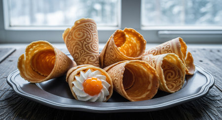 Traditional Norwegian krumkake wafer cones with whipped cream and cloudberries. A delicious homemade winter dessert on a rustic table.の素材