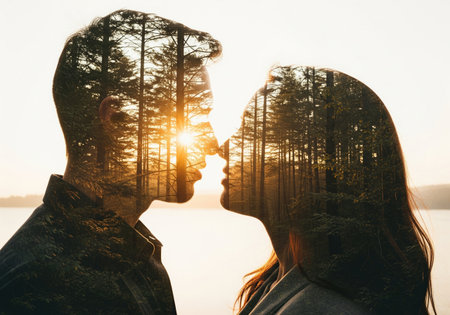 Double exposure of a loving couple silhouette kissing with a forest sunset nature background. A creative and romantic art concept.の素材