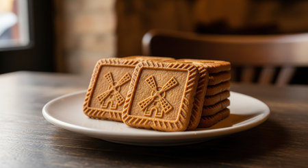 Traditional Dutch speculoos biscuits with a windmill pattern stacked on a white plate. A classic spiced shortcrust cookie for a coffee break.の素材