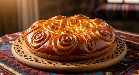 Traditional Armenian sweet bread gata beautifully decorated and served on a wooden board. A delicious national pastry for a celebration.の素材