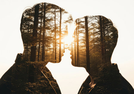 Double exposure of a gay couple's silhouette with a pine forest at sunset. A conceptual image about love, relationships and connection with nature.の素材