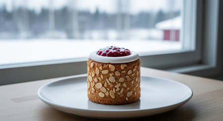Traditional Finnish runeberg tart with almonds and jam on a plate by a winter window. A cozy dessert for a national holiday.の素材