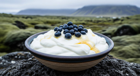 Skyr a traditional icelandic dairy product with fresh blueberries and honey, served in a bowl in a scenic icelandic landscape.の素材
