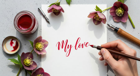 Hand writing My love with a calligraphy pen and red ink surrounded by hellebore flowers. A romantic concept for Valentines Day card.の素材