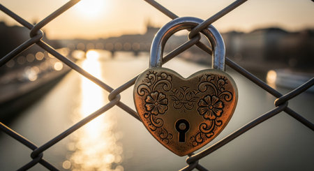 Heart shaped love lock on a bridge fence symbolizing romance during a beautiful golden sunset. A popular tradition for lovers.の素材