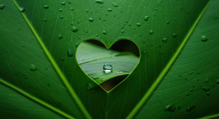 Close up of a green leaf with a heart shape cut-out and a water drop symbolizing love for nature. An ecology and environmental concept.の素材