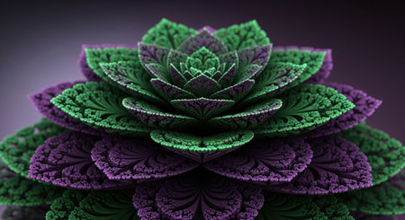 Abstract fractal flower succulent in green and purple with a complex and detailed pattern. This digital art creates a futuristic nature image.の素材