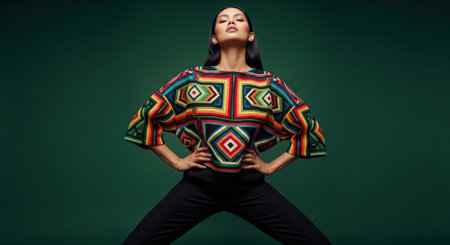 Confident Asian woman in a vibrant ethnic sweater with a geometric pattern on green background. Stylish high fashion portrait.の素材