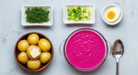 Traditional cold beetroot soup served with boiled potatoes eggs and fresh herbs flat lay. A refreshing eastern european summer dish.の素材