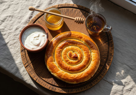 Traditional Bulgarian banitsa pastry served with yogurt honey and tea. A delicious and hearty homemade breakfast in a rustic setting.の素材