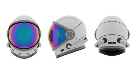 Modern white astronaut helmet with a rainbow visor set of three views isolated on white. A futuristic science and space exploration gear.の素材