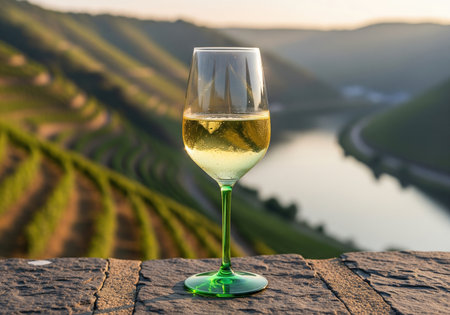 Glass of white riesling wine overlooking a scenic terraced vineyard valley with a river. A perfect wine tasting experience in nature.の素材