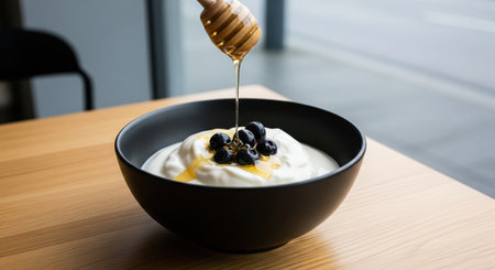 Icelandic skyr yogurt with fresh blueberries and drizzling honey in a bowl. A healthy and delicious traditional Scandinavian breakfast.の素材
