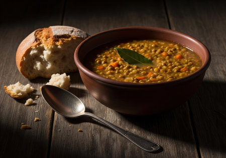 Rustic bowl of hearty lentil soup with fresh bread served on a dark wooden table in moody light, a perfect warm comfort food for winter.の素材