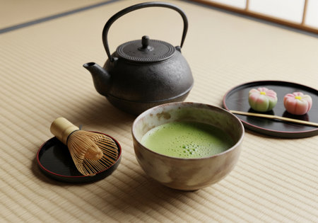 Traditional japanese tea ceremony with matcha tea, wagashi sweets and an iron teapot on tatami mat. An authentic cultural experience.の素材
