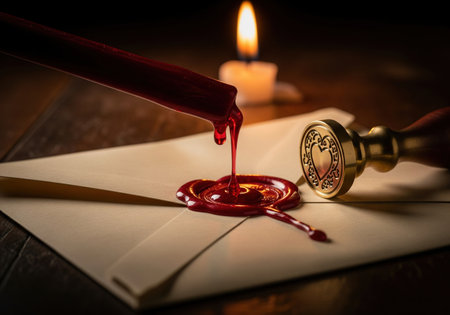 Sealing a vintage letter with red wax and a heart stamp in the warm glow of a burning candle. Classic romantic scene of correspondence.の素材