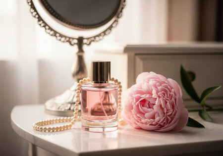 Elegant still life with a perfume bottle, pink peony flower and pearls on a dressing table. A feminine beauty and fashion concept.の素材